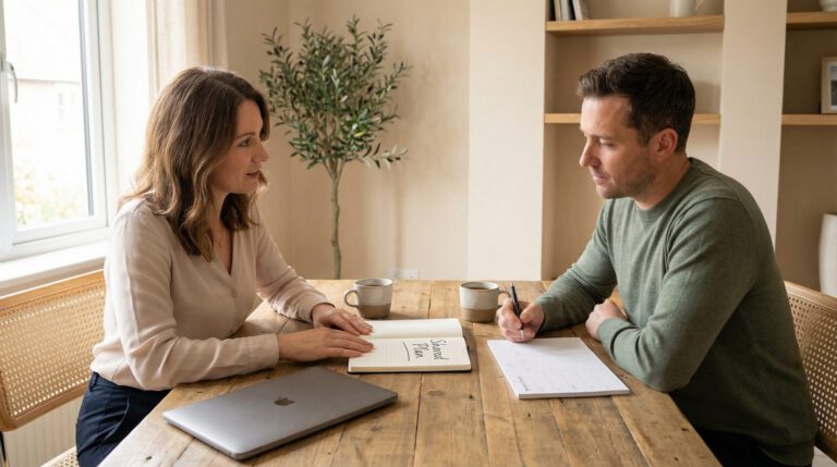 Couple working together at home office discussing shared business and relationship planning.